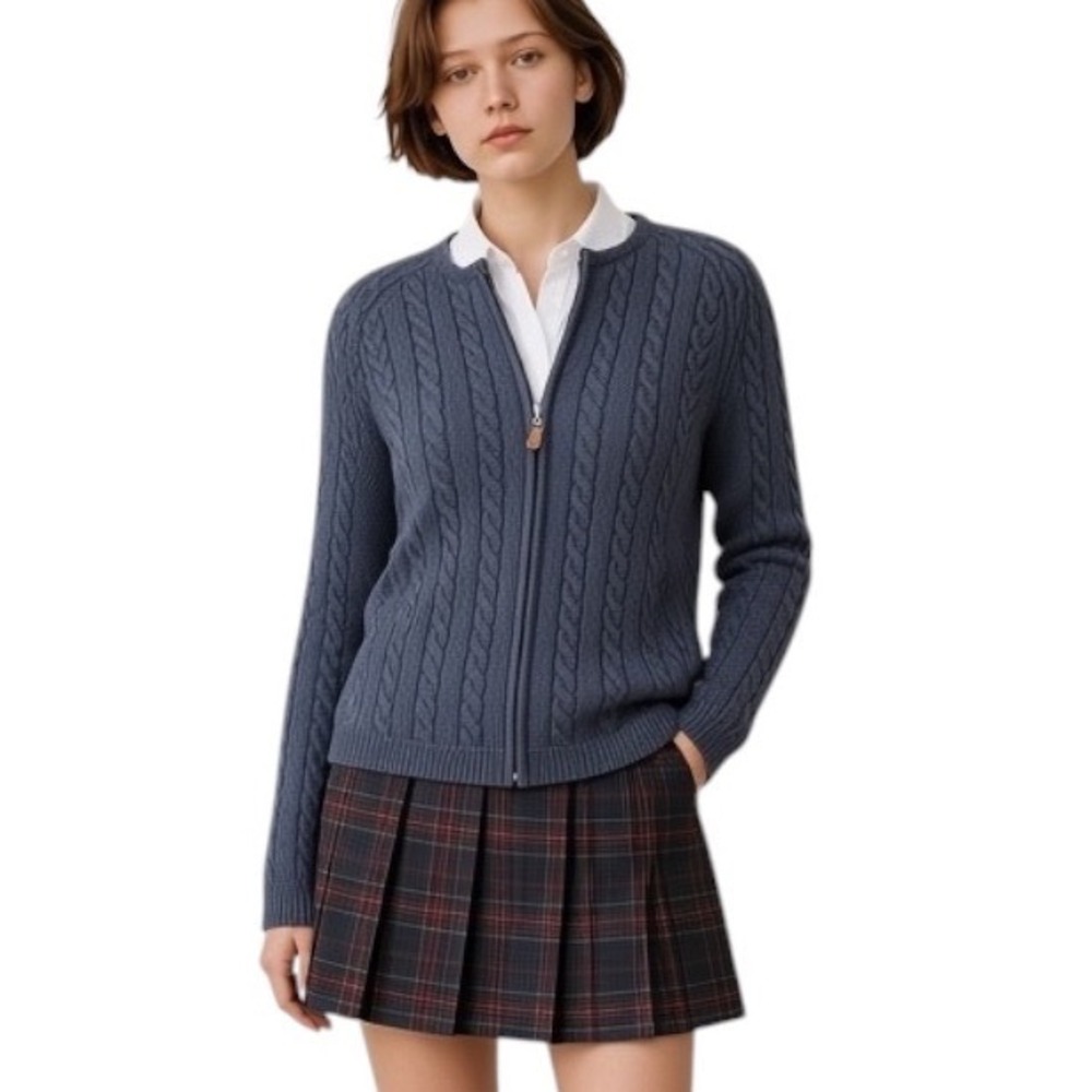Vintage Tabi Cable knit 100% Cotton Full Zip Sweater Boat Neck Fitted Cozy M